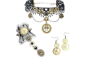 SEPWGUMD Titre : Ensemble Accessoires Steampunk Femme - Écouteurs Horlogers, Gants, Bracelet Manchette, Collier Moteur, Parfait pour Déguisements Pirates & Fêtes Steampunk