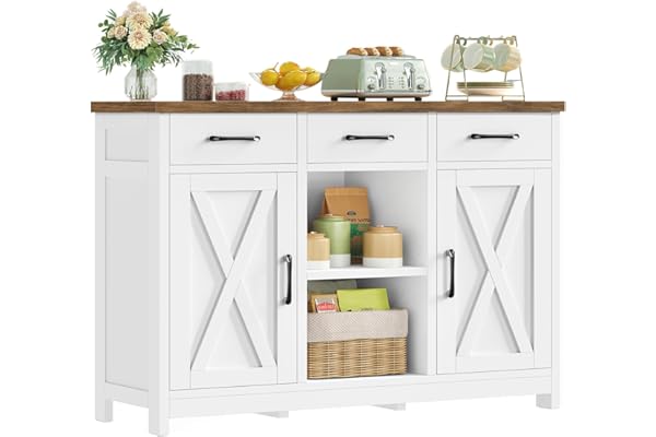 TEENFON Aparadores para Salon con 3 Cajones, Aparador Cocina con Estantes Ajustables, Armario Cocin con Encimera para Pasillo