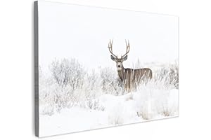 MuchoWow© Impression sur Toile Decoration Murale Peinture 120x80 cm Tableaux Decoratifs Muraux Déco Chambre Tableau Salon Cerf - Hiver - Neige - Animaux - Saisons - Blanc
