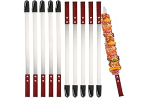 IDONG 10 Pieces Flat Barbecue Skewers Stainless Steel with Wooden Handles, 60 cm Kebab Skewers, Reusable, Adana Kebab Skewers, Barbecue Accessories for Barbecue Cutlery