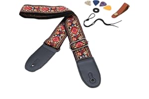 BLLREMIPSUR Verstellbares Gitarrengurt, Retro Jacquard-Stickerei-Baumwoll-Gitarrengurt mit Crazy-Horse-Lederenden, Gitarrenzubehör Geschenke für Kinder, Gitarristen