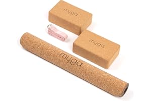 ‎MYGA Myga Kork-Yoga-Starter-Set – Kork-Yoga-Matte, 2 Kork-Yoga-Blöcke und Yogagurt – Starter-Set mit Matte, 2 Steinen und Metall-D-Ring-Gürtel für Hot Yoga, Pilates & Fitness