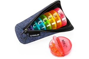 YAKLIM Weekly Pill Boxes 7 Day 2 Times a Day, Large Pill Box Organiser with Zipper Neoprene Case, XL 7day Round Travel Pill Organiser Daily AM PM Tablet Holder for Vitamin Supplement Pot (Denim)