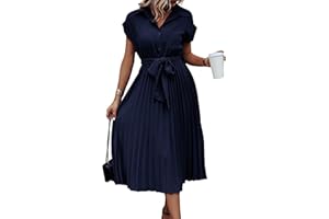 ASOMI Sommerkleid Damen Hemdkleid Kurzarm: Elegant Kurzarm Strandkleid Büro Wickelkleid Mode Tasche Hemdblusenkleid Lässig Blusenkleid Midikleid Knopf Plisseekleid V-Ausschnitt Gürtel