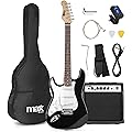 MAX GIGKIT Guitare Électrique Gaucher Noire - Pack Complet Débutant avec Ampli 40 Watts, Nombreux Accessoires Inclus, Housse, Accordeur, Sangle, Médiators, Cordes, Idéale pour les Débutants