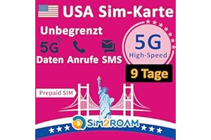 SIM2ROAM USA Prepaid-SIM-Karte | Unbegrenzte 5G/4G LTE-Hochgeschwindigkeits-Internetdaten in den USA (einschließlich Hawaii) | Unbegrenzte Anrufe und Textnachrichten (SMS) | Wieder auffüllbar! (9 Tage)