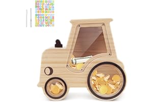 wooshwa Salvadanaio Bambini in Legno Riutilizzabile, Risparmio Soldi, Salvadanaio Personalizzato con Pennarello & Adesivi Colorati per bambina Ragazza Ragazzo e Adulti - Trattori