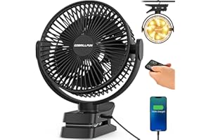 GOBRILLFUN Ventilatore a clip da 12000 mAh con telecomando, ricaricabile tramite USB con luci LED, ventilatore a batteria con 5 velocità per ufficio, viaggi all'aperto, campeggio, tenda (8,3 pollici)