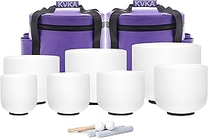 KVKA Kristall-Klangschalen Set, 7-12 inch 432Hz Weiß Frosted Quarz Chakra Sound Healing Klangschalen für Yoga Meditation Entspannung Stressabbau mit Tragetasche