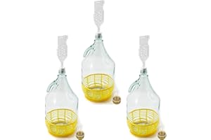 WYSKONT Bouteille bonbonne à col étroit avec bouchon à vis, panier de protection, sas et bouchon pour la fabrication du vin, la fermentation, le stockage des boissons, verre transparent, 3 x 5 L
