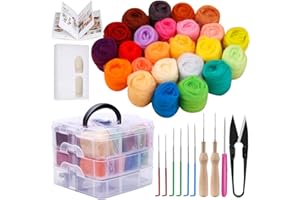 Ekalee 24Farben Nadelfilz Set, 24 Farben Filzwolle Roving, Nadelfilz Starter Kit mit Filznadeln Grundwerkzeugen und Zubehör Wollfaser-Handspinnmaterial zum Basteln für Anfänger