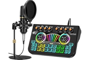 TENLAMP Podcast Microphone Set with Live Sound Card, Audio Mixer, Podcast Equipment Kit with 3.5mm Condenser Microphone for PC/Phone, Live Streaming, Singing Gaming, Soundboard with Voice Changer, Denoise