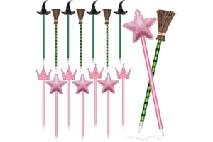 BOYIGOG 16 Pcs Witch Pen Set with 4 Witch Broom-4 Witch Hat Ballpoint Pens, 4 Pink Star and 4 Crown Ballpoint Pens, Witch Party Decorations Favors Set, Suitable for Kids, Teens, Adults Supplies Party