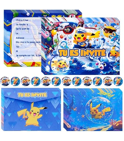 Invitations Pokémon à Gratter Pour Anniversaire – Lot De 10 Cartes Surprise Avec Enveloppes Rouges Et Stickers – Fabriqué En France – Format A6