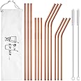Hiware 12-Pack Rose Gold Metal Straws Reusable with Case - Stainless Steel Drinking Straws for 30oz and 20oz Tumblers Dishwasher Safe, 2 Brushes Included