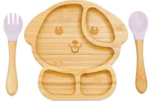 Piatto per Bambini e Neonati,Feelhap Piatto con Ventosa per Bambini,Piatto Svezzamento Guidato dal Bambino,Vassoio di Alimentazione Set Includi Forchetta e Cucchiaio (Cucciolo_Rosa)