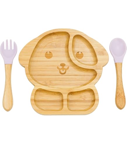 Assiette Bébé Bambou Avec Ventouse - Anti-dérapante, Cuillère Incluse - Design Animal Mignon - Sans BPA, écologique