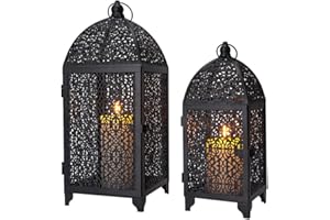 TRIROCKS Set di 2 lanterne decorative vintage a forma di candela, in metallo, con motivo a vuoto, per soggiorno, giardino, feste, eventi, interni ed esterni (colore nero)