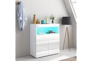 Senvoziii Sideboard Cabinet, High Gloss Storage Cabinet Unit with 2 Doors 1 Drawer and Shelf for Living Room with LED Light Storage Cupboard for Dining Living Room Hallway, 80x35x90cm (White)