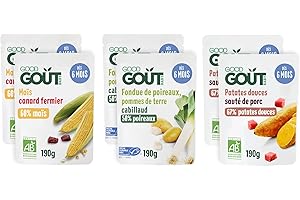 GOOD GOÛT - Lot De 6 Plats Cuisinés Pour Bébé - 2xMaïs Canard Fermier + 2xFondue de Poireaux et Pommes de terre Cabillaud + 2xPatates douces Sauté de Porc - Fabriqué En France - Sachets Micro-Ondables
