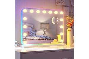 ‎SONNI SONNI Hollywood Schminkspiegel mit RGB-Lichtbeleuchtung mit 15 Dimmbaren Lichtern, 3 Farbtemperaturen Schminkspiegel mit 10-facher Vergrößerung weiß 58x45 cm