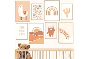 RUIJIE Poster Kinderzimmer Deko Boho, 8er Set Bilder Babyzimmer Junge Mädchen, Regenbogen Wolken Tiere Kinderbilder Wandbilder, A4 Kinderposter Wandposter Bilderwand Dekoration (2 Größen, Ohne Rahmen)