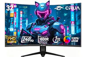 CRUA 32 inch 240Hz Gaming Monitor FHD(1920x1080) 1800R Curved Monitors | 1080P Display Screen Fast 1ms(GTG) Freesync 120%sRGB Ultra-Thin Frameless VESA Suitable for E-sports Games, Office, and Home