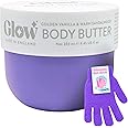 Glow Nourishing Body Butter 250ml & Exfoliating Bath Gloves Set | Firming Moisturiser for Supple & Smooth Skin | Scented Body Cream, Dry Skin, Shower Mitts, UK Made (Golden Vanilla & Warm Sandalwood)