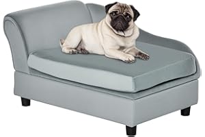 PawHut Dog Sofa with Storage, Pet Chair for Small Dogs, Cat Couch with Soft Cushion, Light Grey, 76 x 45 x 43 cm