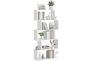 Yusong Bookshelf 5-Tier, Geometric Bookcase S Shaped Book Shelves for Bedroom, Modern Wood Decorative Display Shelf Book Case for Home Office, White