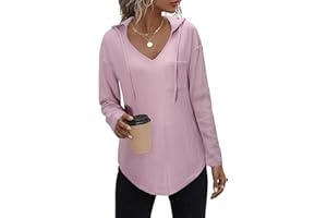 FemiChic Felpa Donna con Cappuccio a Manica Lunga Elegante Pullover Autunno Casual Camicia Scollo V Classica Tinta Unita Felpe Leggera Sportiva Hoodie