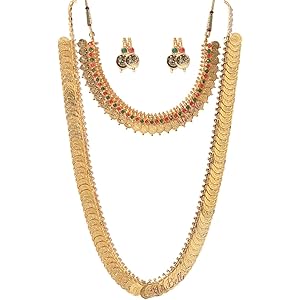 YouBella Jewellery set for women Gold Plated Long Traditional Coin Necklace set and Red Green Choker necklace Jewellery Set with Earrings for Girls and Women