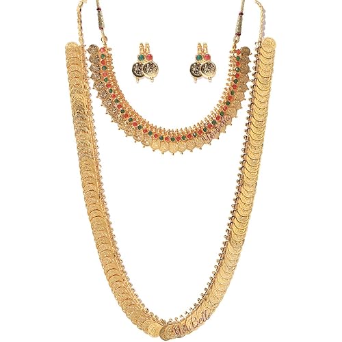 YouBella Jewellery set for women Gold Plated Long Traditional Coin Necklace set and Red Green Choker necklace Jewellery Set with Earrings for Girls and Women