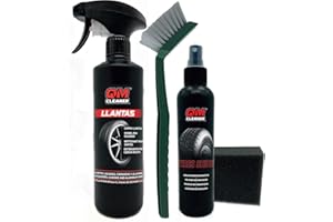 QM Cleaner Kit Limpieza y brillo de Llantas y Neumáticos para Coche | Incluye 500ml Limpia Llantas, 200ml Abrillantador de neumáticos, Cepillo y Esponja Kit completo Automovil