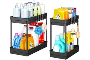 StowBin Küchen Organizer - 2 Pack Unter Waschbecken Regal mit 4 Haken &1 Tassen, Organizer Küche, Badezimmer Organizer