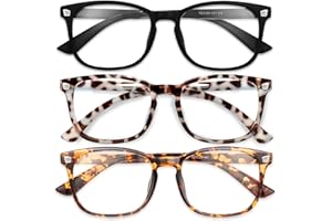 Gaoye Blue Light Blocking Glasses – 3 sztuki modnych kwadratowych fałszywych okularów do oczu, ochrona przed promieniowaniem UV, do komputera, dla kobiet, mężczyzn (matowy czarny + lampart +