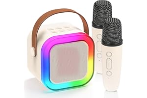 JIMACRO Mini maszyny do karaoke z 2 mikrofonami bezprzewodowymi, maszyna do karaoke ze światłami LED, głośnik Bluetooth i zestaw mikrofonowy dla dzieci i dorosłych (białe)