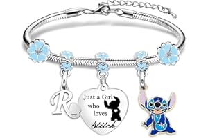 Tenvava Stitch Gifts for Her Just A Girl Who Loves Stitch Silver Pendant Bracelet with Initial Letter for Women Girls Birthday Christmas Stitch Jewellery Stuff Gifts for Stitch Lover Stitch Fans