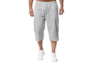Remxi Short 3/4 en Lin pour Homme - Coupe Ample - Pantalon Cargo d'été décontracté