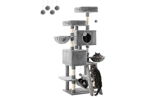 FourFurPets Árbol para Gatos, Altura 160 cm, Torre de Gatos, con 2 Plataformas, 2 Cuevas, 2 Cesta, Escaleras de Sisal, Hamaca, Pompón, Gris Claro