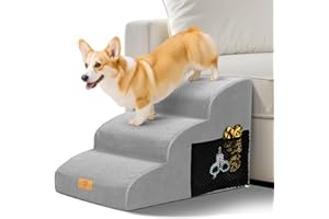 Thihome Dog Steps for Sofa, Dog Stairs for Small Dogs, 30D High Density Foam Dog Ramp with Non-Slip Washable Cover, 3-Step Pet Ramps for Bed, Sofa & Couch, 60 x 40 x 40cm, Grey