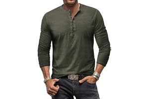 YawYews Långärmad tröja för män, henley-t-shirt för män, vardaglig bomullströja, farfarströja i vintagestil, långärmad t-shir