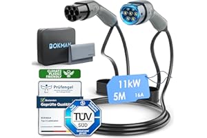 ‎BOKMAN bokman Typ 2 Ladekabel, Modus 3 / 16A / 11 kW / 3-Phasig / 5 Meter, Typ 2 auf Typ 2 EV Ladekabel für Elektroauto mit Tragetasche und Mikrofasertuch