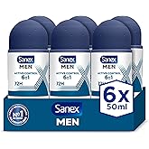 Sanex Men Active Control Desodorante Roll-On para Hombre, Pack 6 Uds x 50 ml, Protección 48H, Antitranspirante, Anti Irritaci