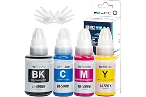 LCL Drukarka do butelek atramentowych kompatybilna z GI-490 GI-590 GI-590BK GI-590C GI-590M GI-590Y (4-PK, 1K Pigment 135 ML, CMY Dye 70 ml) Zamiennik do Canon PIXMA G1000 G1400 G1500 G2000 G2400