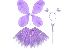 AYBUY Skrzydła wróżki, kostium dla dzieci, skrzydła motyla z tutu, magiczna różdżka i opaska na głowę, zestaw spódnic wróżki, przebranie dla dziewcząt