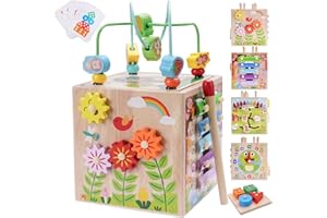 KMTJT Wooden Activity Cube | Montessori Toys for 12+ Months Toddlers | One Year Old 1st First Birthday Gift | Educational Learning Toys for Baby Boys Girls Age 1 2 3 | Bonus Sorting & Stacking Game (Blue)