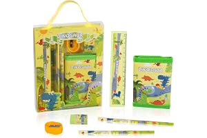 Vicloon Skrivmaterialset med dinosaurie, presentset, suddgummi, pennvässare, plånbok, linjal, blyertspenna, söt present till flickor och pojkar (dinosaurie)