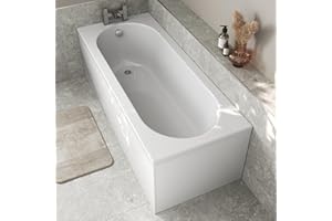 Baystone 1700 x 700mm Single Ended Straight Bath White Gloss Soaking Bathttub, Acrylic Baths for Bathrooms, Straight Curved, Adjustable Feet, Side & End Panels Included
