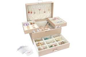 CASIWAFT Jewellery Box Organiser, 3 Layer PU Leather Jewellery Case, Large Jewellery Organiser with Drawer, Jewellery Storage Case for Necklaces Earrings Bracelets and Rings, Beige
